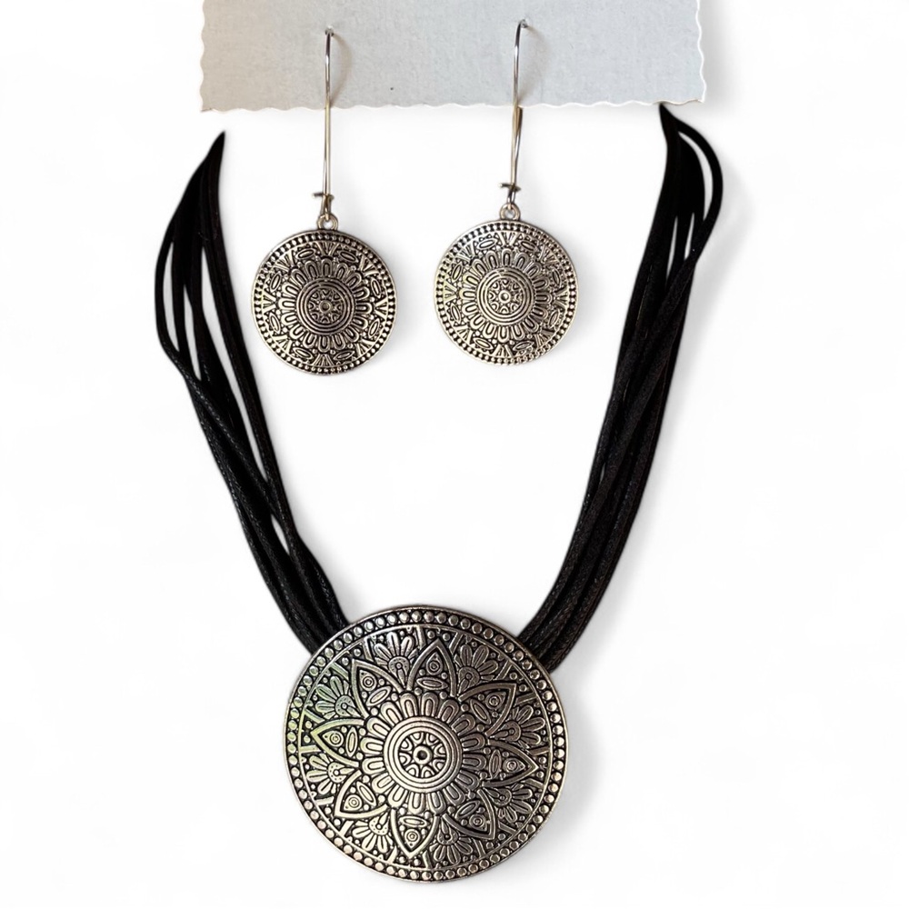 Silvertone Floral Embossed Medallion Multi Strand Necklace Matching Earring Set